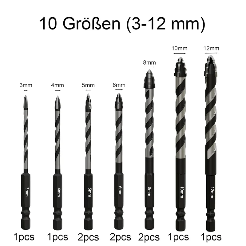 Fliesenbohrer Set 10 tlg 3-12mm, Glasbohrer Set, power bit bohrer, Fliesenbohrer für Fliesen, Kerami