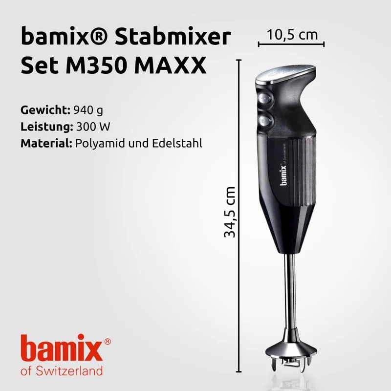 bamix Stabmixer Set M350 MAXX inkl. Multifunktions-, Fleisch-, Gemüsemesser, Quirl, Schlagscheibe au