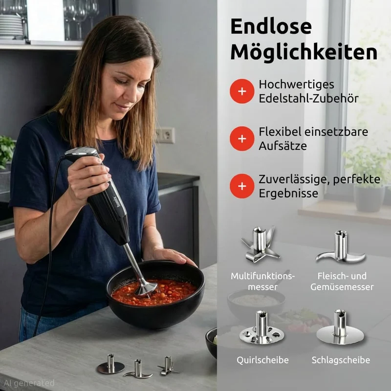 bamix Stabmixer Set M350 MAXX inkl. Multifunktions-, Fleisch-, Gemüsemesser, Quirl, Schlagscheibe au
