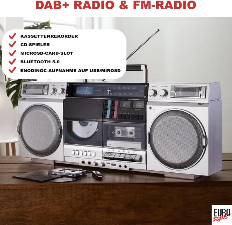 DAB+-Boombox „Retro 1980er“ – Kassettendeck, CD, Bluetooth, USB, MicroSD, Radio, Aufnahmefunktion