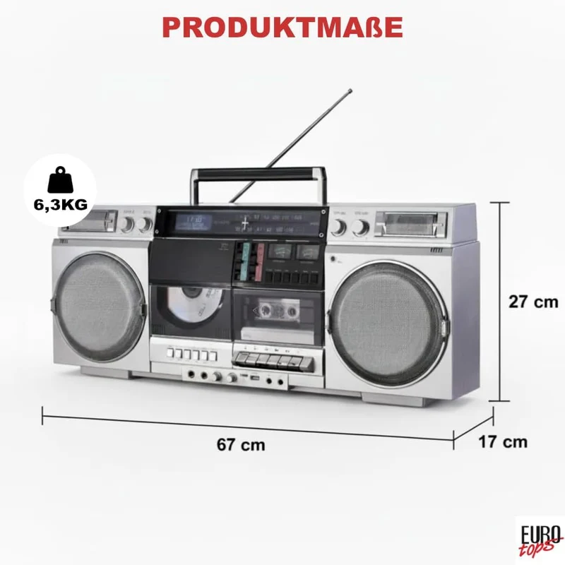 DAB+-Boombox „Retro 1980er“ – Kassettendeck, CD, Bluetooth, USB, MicroSD, Radio, Aufnahmefunktion