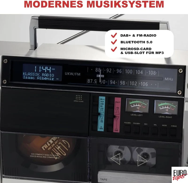 DAB+-Boombox „Retro 1980er“ – Kassettendeck, CD, Bluetooth, USB, MicroSD, Radio, Aufnahmefunktion