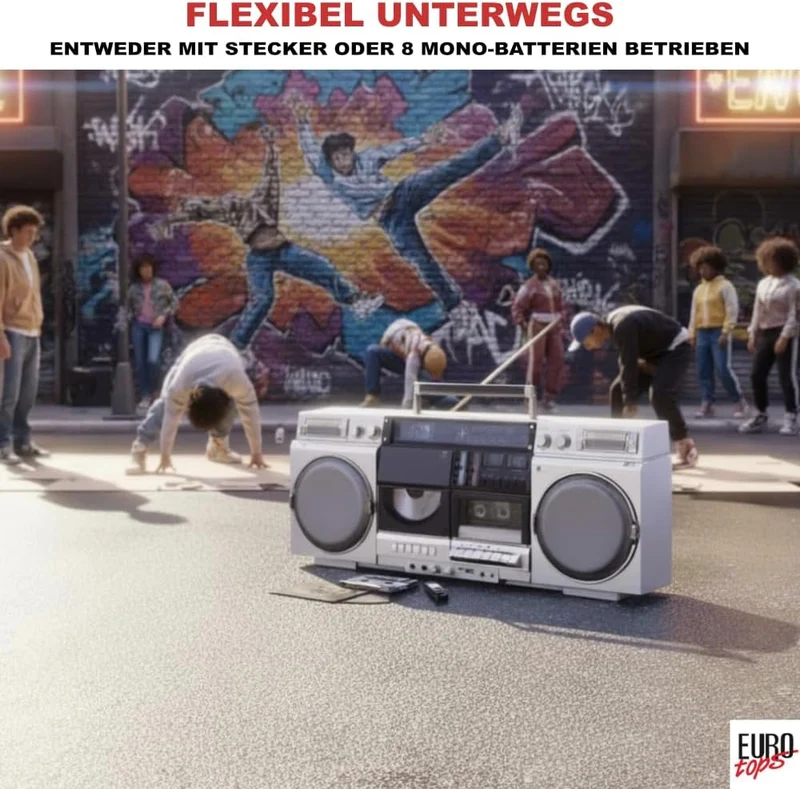 DAB+-Boombox „Retro 1980er“ – Kassettendeck, CD, Bluetooth, USB, MicroSD, Radio, Aufnahmefunktion