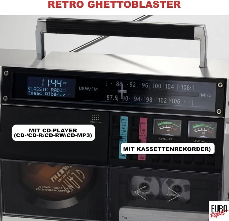 DAB+-Boombox „Retro 1980er“ – Kassettendeck, CD, Bluetooth, USB, MicroSD, Radio, Aufnahmefunktion