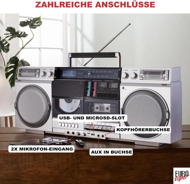 DAB+-Boombox „Retro 1980er“ – Kassettendeck, CD, Bluetooth, USB, MicroSD, Radio, Aufnahmefunktion