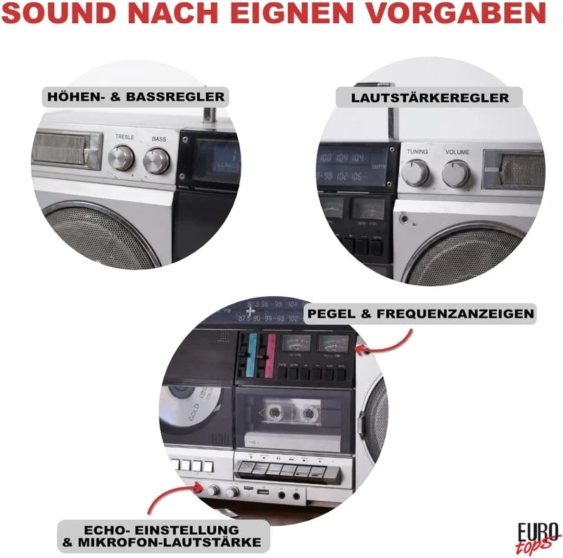 DAB+-Boombox „Retro 1980er“ – Kassettendeck, CD, Bluetooth, USB, MicroSD, Radio, Aufnahmefunktion