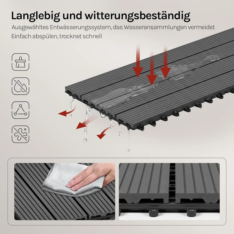 WOLTU WPC Fliese, Terrassenfliesen Holz-Optik, Bodenbelag mit Klicksystem, 30 x 60 cm, Grau (12 Stüc
