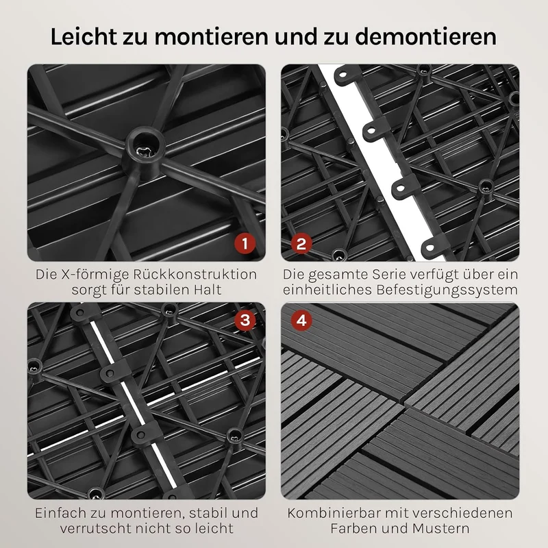 WOLTU WPC Fliese, Terrassenfliesen Holz-Optik, Bodenbelag mit Klicksystem, 30 x 60 cm, Grau (12 Stüc