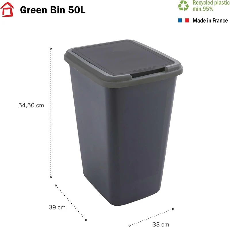 SUNDIS Green Bin, Mülleimer Mülltrennung 50L mit Schwingdeckel, rechteckig, aus recyceltem Kunststof