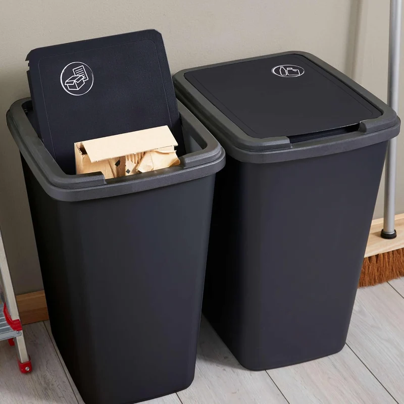 SUNDIS Green Bin, Mülleimer Mülltrennung 50L mit Schwingdeckel, rechteckig, aus recyceltem Kunststof