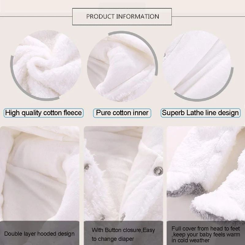 Neugeborene Baby Cartoon Bär Schneeanzug Wintermantel Fleece Kapuze Strampler Jumpsuit Weiss 9-12 Mo