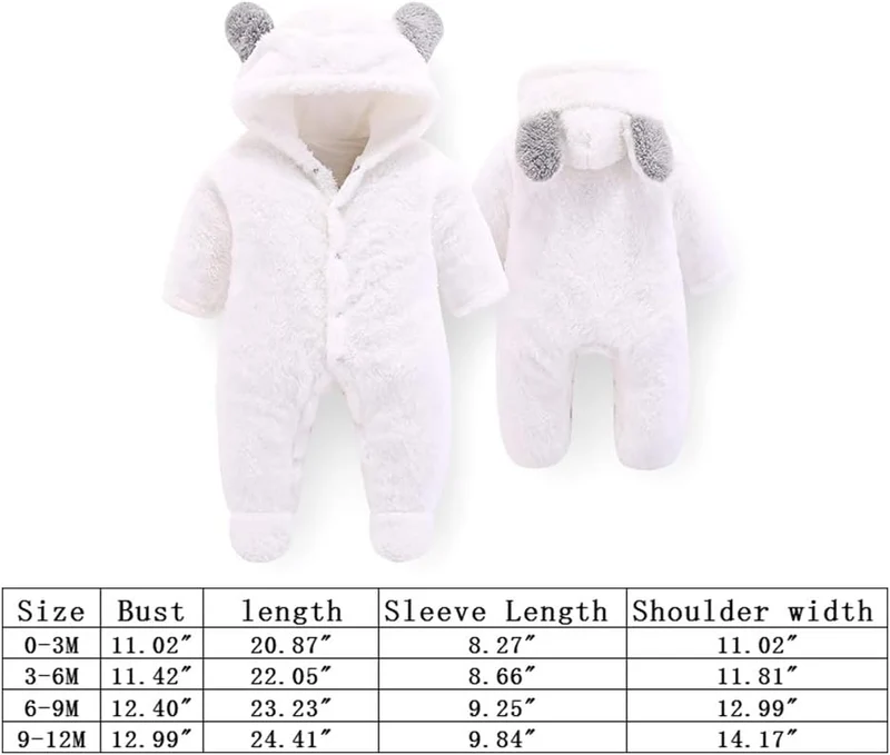 Neugeborene Baby Cartoon Bär Schneeanzug Wintermantel Fleece Kapuze Strampler Jumpsuit Weiss 9-12 Mo