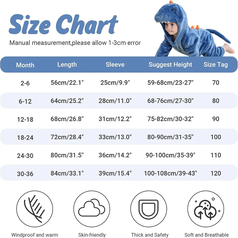 COOKY.D Unisex Winter Hooded Romper Jumpsuit 2-36 Months 18-24 Monate Blau, 18-24 Monate Blau