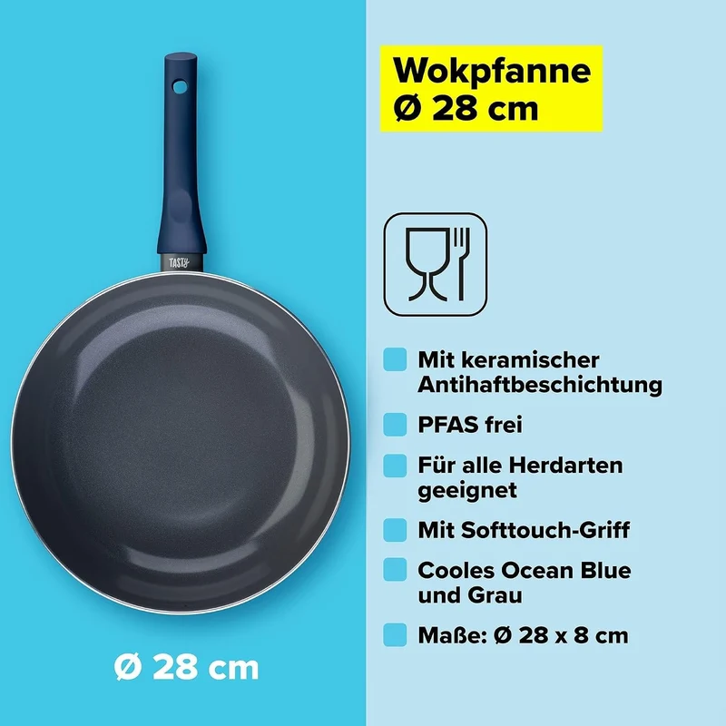 Tasty Antihaft-Wok Ocean Blue 28cm – Hochwertige Pfanne aus recyceltem Aluminium mit keramischer Ant