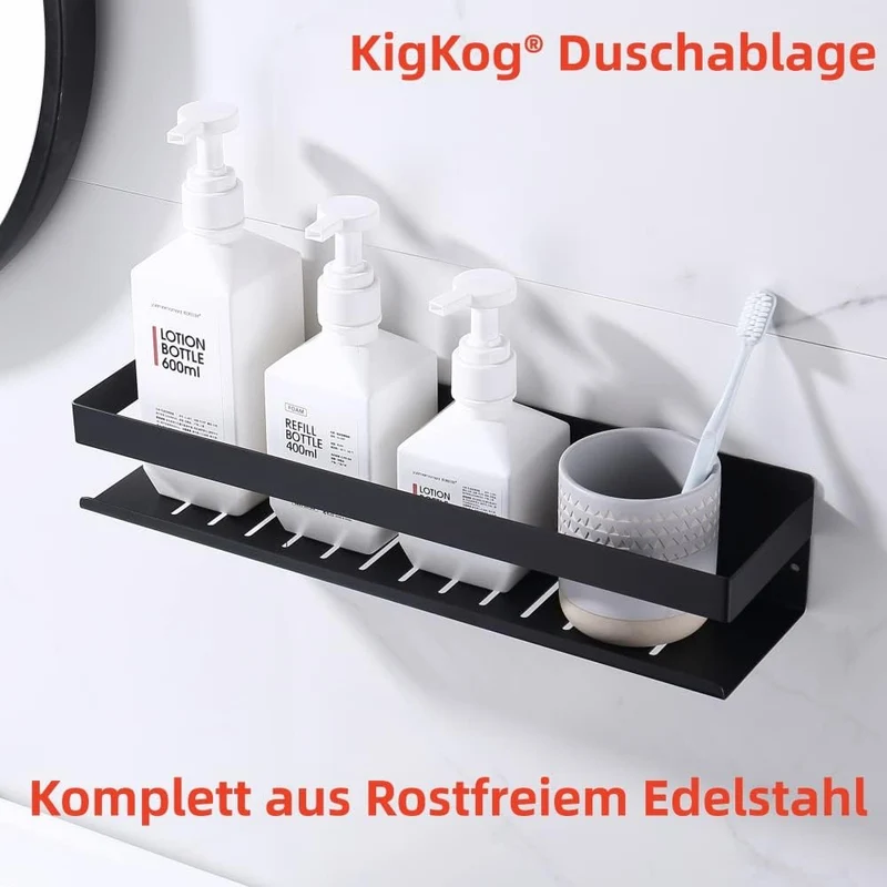 KigKog® Duschablage ohne Bohren Matt Schwarz, Duschregal Wandmontage Edelstahl Rostfreier Duschkorb