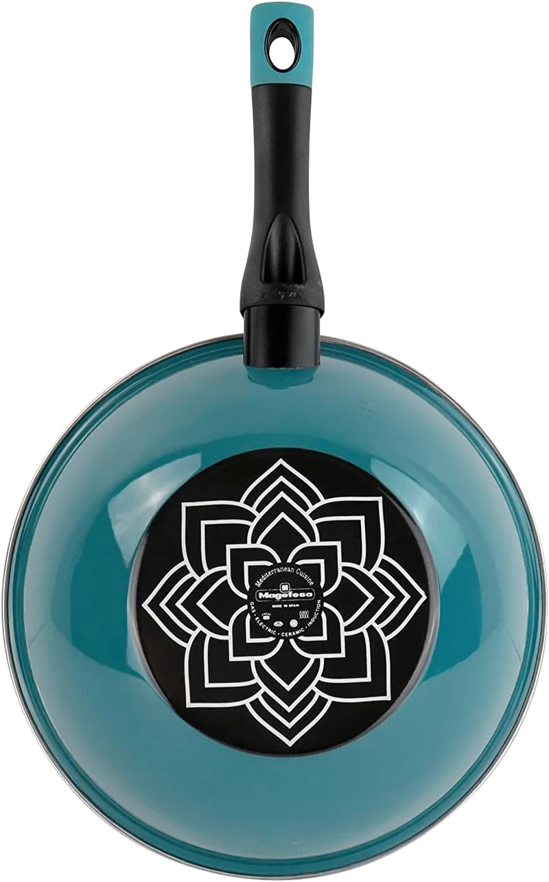 Magefesa Lotus Wok, 28 cm, aus emailliertem Stahl, aussen, blau, Antihaftbeschichtung, zweilagig, ve