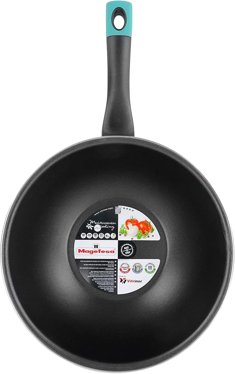 Magefesa Lotus Wok, 28 cm, aus emailliertem Stahl, aussen, blau, Antihaftbeschichtung, zweilagig, ve