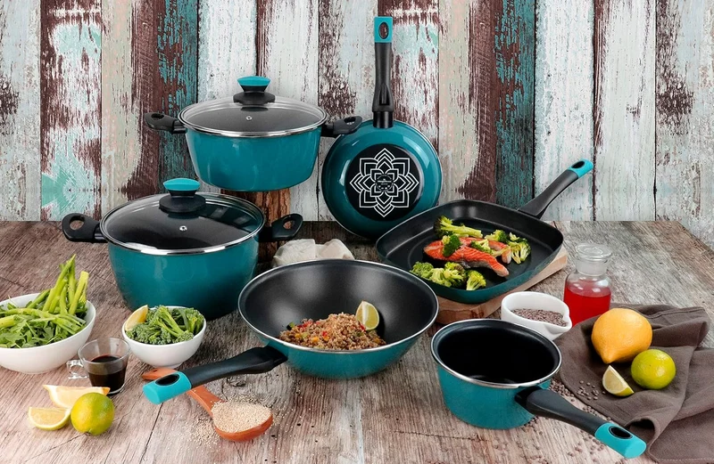 Magefesa Lotus Wok, 28 cm, aus emailliertem Stahl, aussen, blau, Antihaftbeschichtung, zweilagig, ve