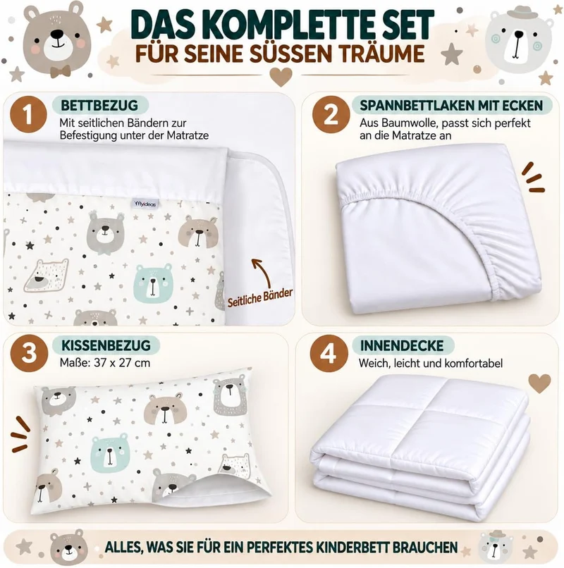 FlyIdeas Next 2 Me Beistellbett Bettwäsche-Set 83x50 cm, 4 STK. Mit Bettdecke - Spannbettlaken Babyb