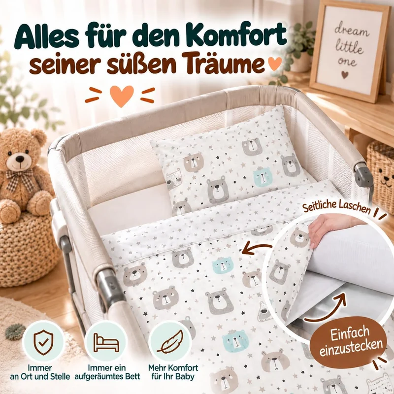 FlyIdeas Next 2 Me Beistellbett Bettwäsche-Set 83x50 cm, 4 STK. Mit Bettdecke - Spannbettlaken Babyb
