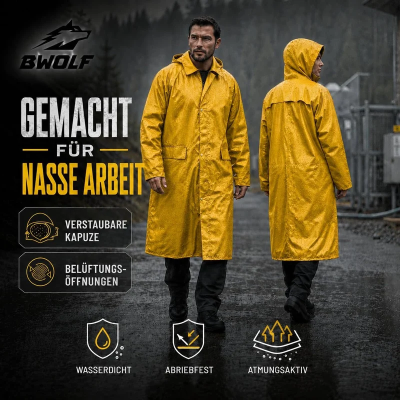 BWOLF POSEIDON Regenmantel Herren Regenmantel Wasserdichte Lange Regenjacke Outdoor Wiederverwendbar