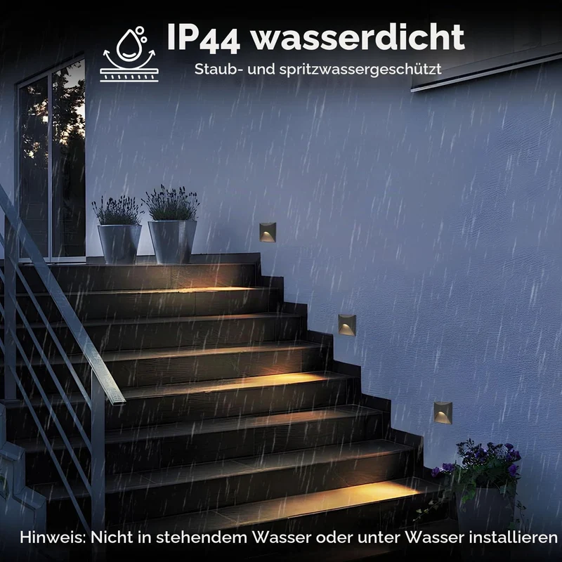 Arotelicht 4er 3W LED Treppenlicht Warmweiss 3000K Aluminium Wandleuchte 230V Eckig Einbaustrahler T