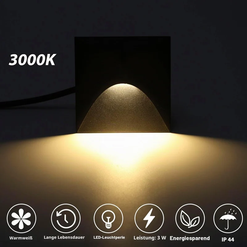 Arotelicht 4er 3W LED Treppenlicht Warmweiss 3000K Aluminium Wandleuchte 230V Eckig Einbaustrahler T