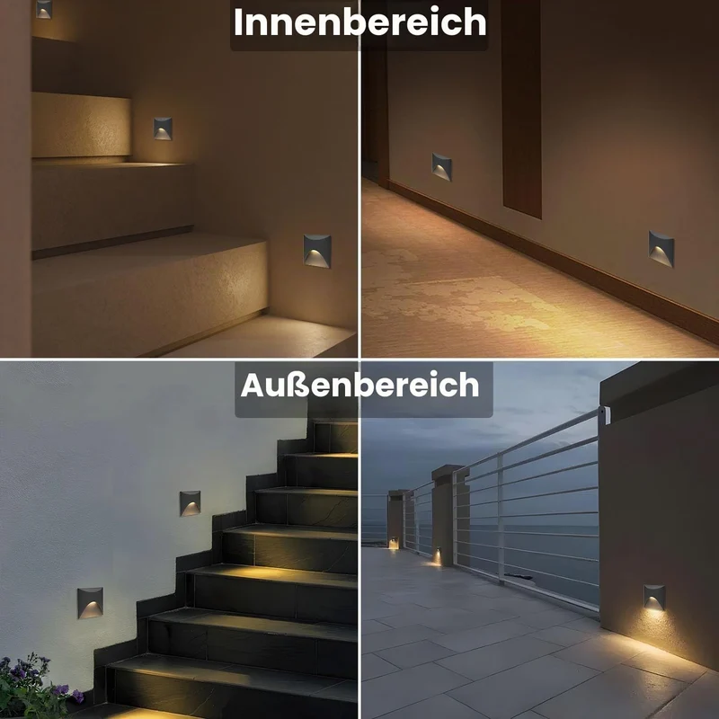 Arotelicht 4er 3W LED Treppenlicht Warmweiss 3000K Aluminium Wandleuchte 230V Eckig Einbaustrahler T