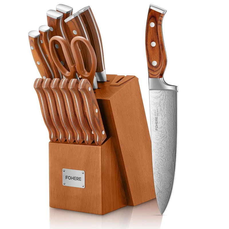 FOHERE Messerblock Set 14 teilig Messerset mit Block und Integriertem Schärfer Professionelles Schar