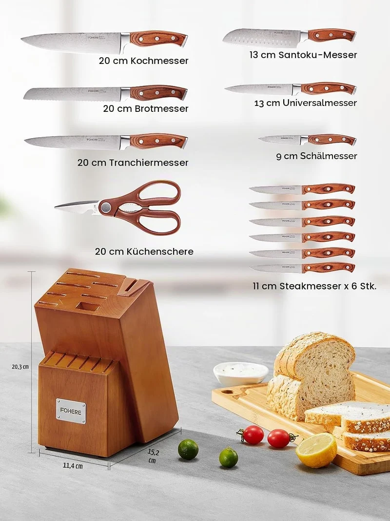 FOHERE Messerblock Set 14 teilig Messerset mit Block und Integriertem Schärfer Professionelles Schar