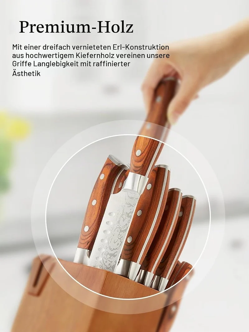 FOHERE Messerblock Set 14 teilig Messerset mit Block und Integriertem Schärfer Professionelles Schar