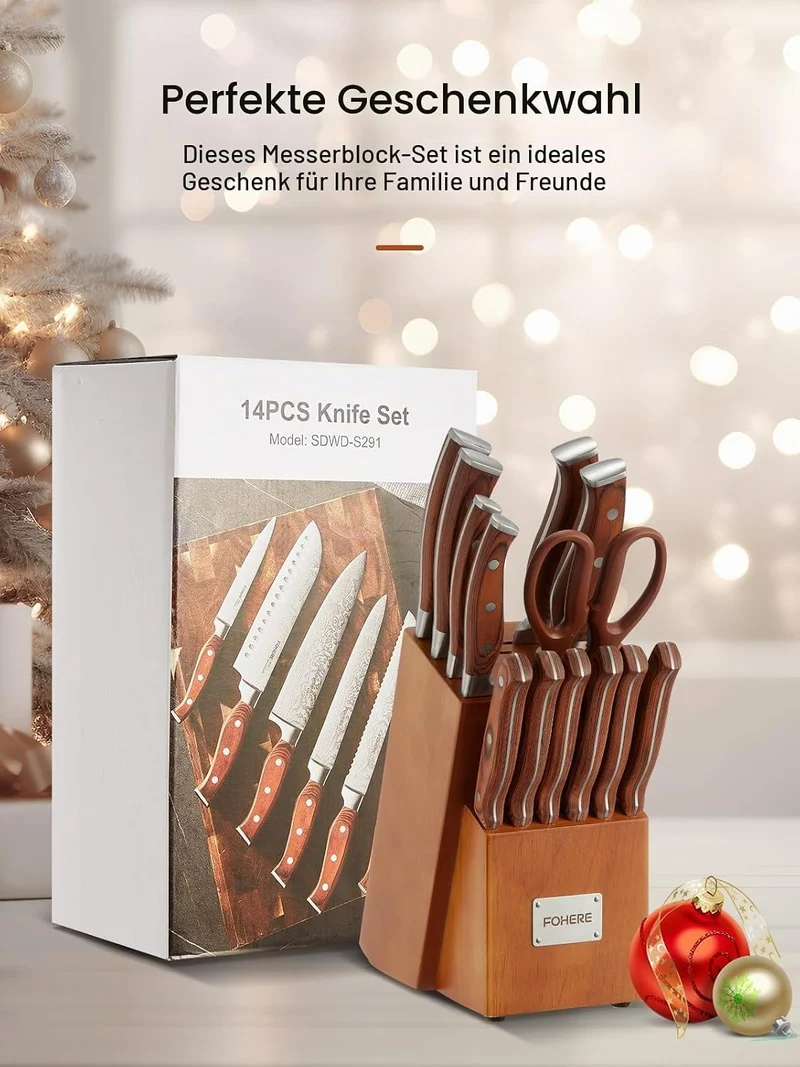 FOHERE Messerblock Set 14 teilig Messerset mit Block und Integriertem Schärfer Professionelles Schar