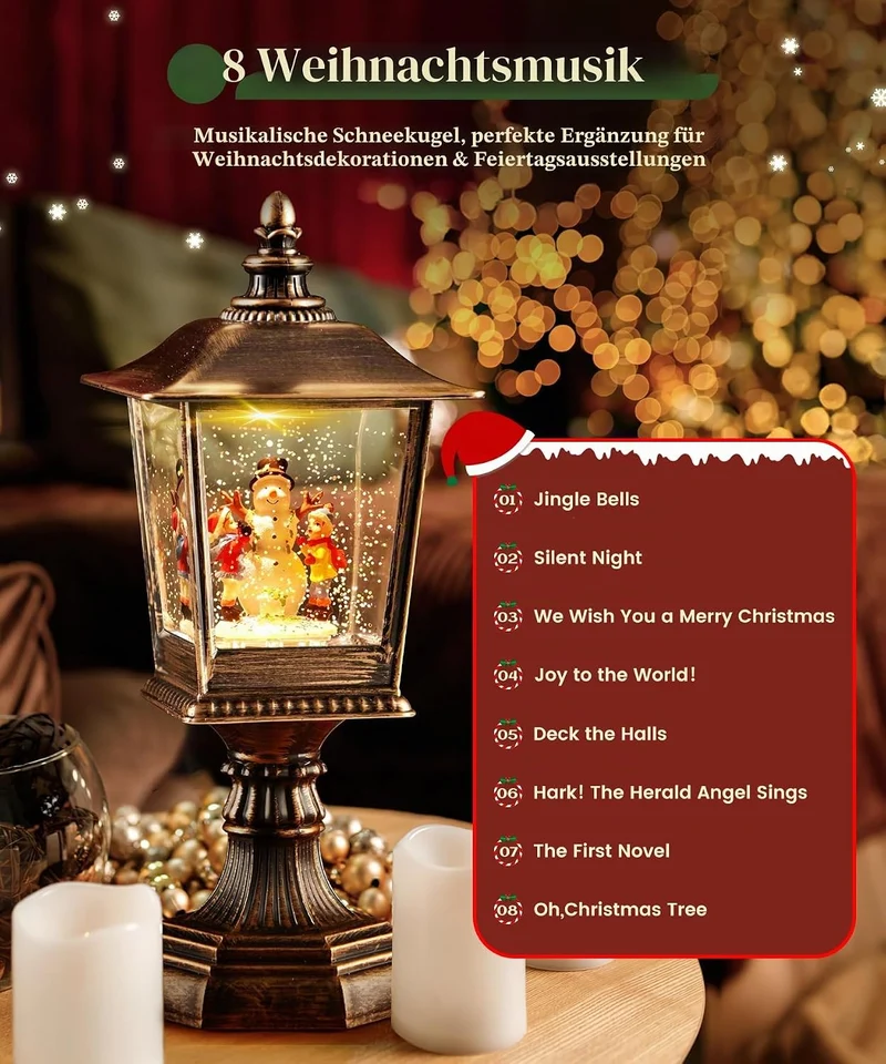 Weihnachts Schneekugel Laterne mit Musik, Extra gross Schneelaterne Automatischer Schneefall Retro S
