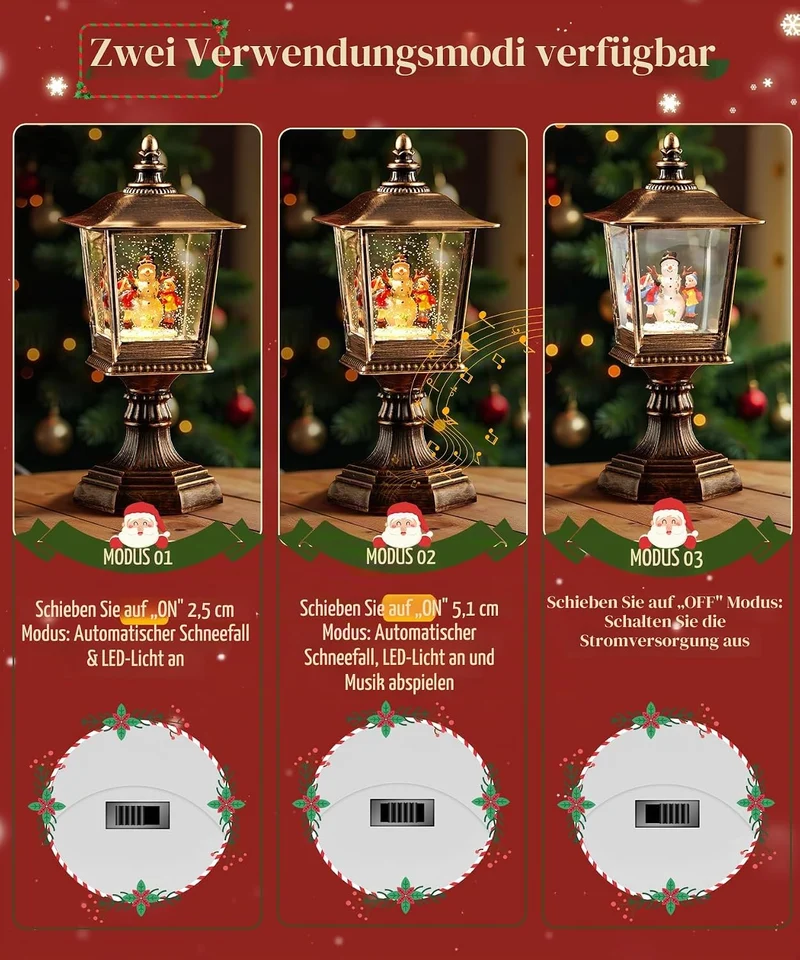 Weihnachts Schneekugel Laterne mit Musik, Extra gross Schneelaterne Automatischer Schneefall Retro S