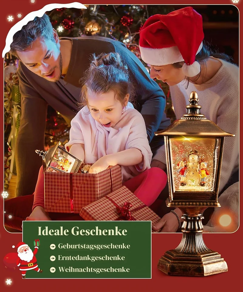 Weihnachts Schneekugel Laterne mit Musik, Extra gross Schneelaterne Automatischer Schneefall Retro S