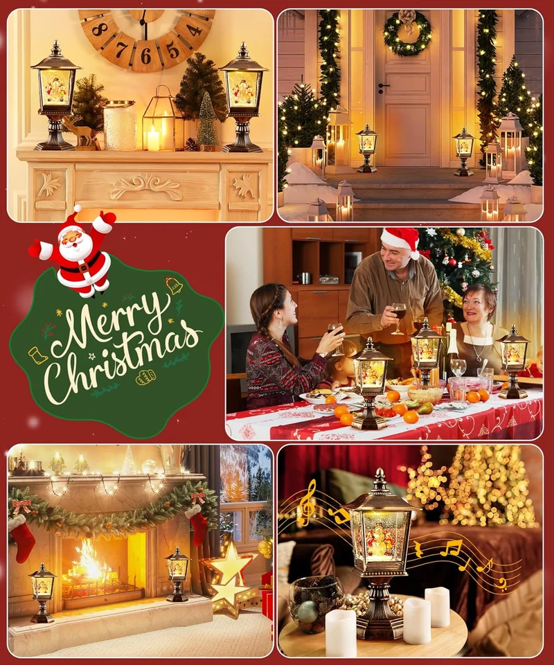 Weihnachts Schneekugel Laterne mit Musik, Extra gross Schneelaterne Automatischer Schneefall Retro S