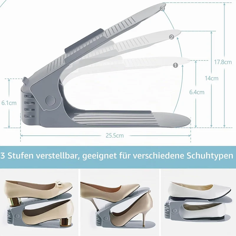 10 Stück Einstellbare Schuhregale, Schuhstapler/Schuhhalter Set, 3 höhenverstellbar, Platzsparend, r