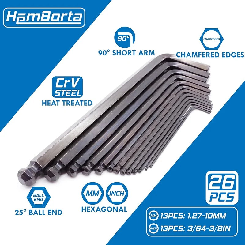 HemBorta® Innensechskant Satz 26 tlg mit Kugelkopf - Innensechskantschlüssel Set mit 12,7-10mm Metri