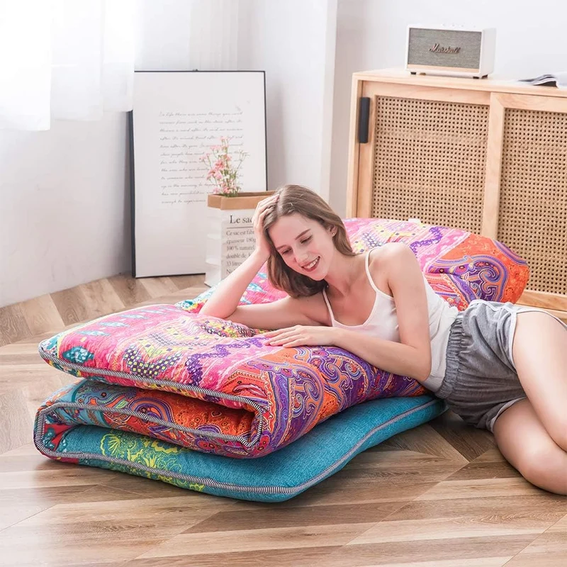 MAXYOYO Böhmische Retro Futon Matratze - Vintage Blumenmuster japanische Bodenmatratze - rollbar ver