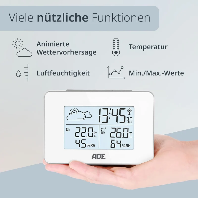 ADE Digitale Wetterstation Funk mit Aussensensor | Innen und Aussentemperatur | Luftfeuchtigkeitsmes