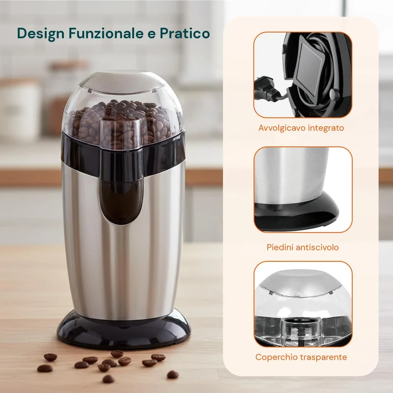 Avilia Trita Kaffeemühle 120 W mit Klingen aus Edelstahl und hygienischem Behälter aus Edelstahl