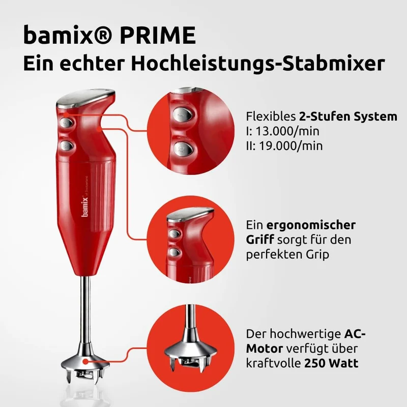bamix Stabmixer Set M250 PRIME inkl. Multifunktionsmesser, Quirl, Schlagscheibe aus Edelstahl, 250 W
