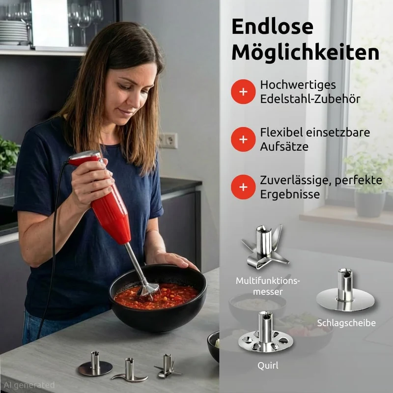 bamix Stabmixer Set M250 PRIME inkl. Multifunktionsmesser, Quirl, Schlagscheibe aus Edelstahl, 250 W