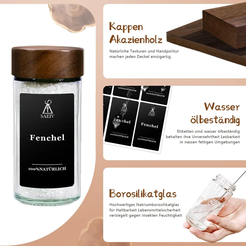 SAEIV Umweltfreundlicher Kappen aus Akazienholz Gewürzgläser orbicular -Set | 12 Gewürzdosen Mit 180