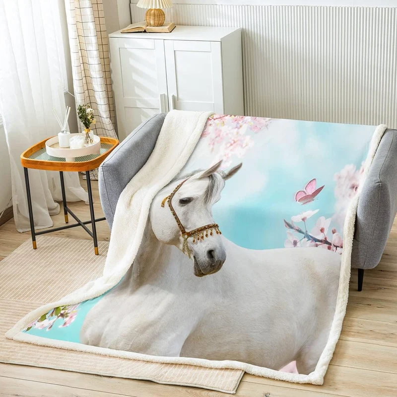 Loussiesd Weisses Pferd Drucken Flanell Fleecedecke Wild Tier Themed Wohndecke Schmetterling Blumend