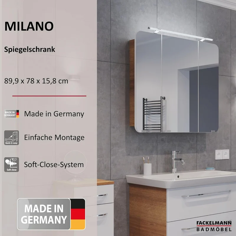FACKELMANN Milano Spiegelschrank mit LED-Beleuchtung – Alibertschrank 3-türig fürs Badezimmer (90 cm