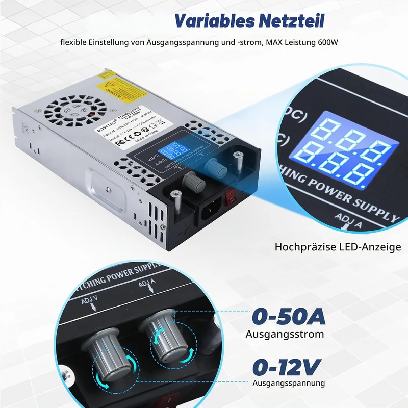 BOSYTRO Regelbares Netzteil 0-12V 0-50A 600W Schaltnetzteil Transformator Power Supply Trafo 230v au
