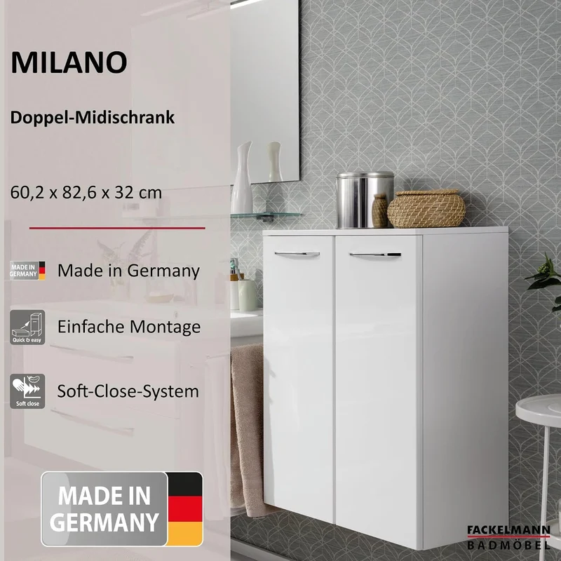 FACKELMANN Milano Doppelmidischrank mit Türen – Schrank fürs Badezimmer (60,2 cm x 82,6 cm x 32 cm)