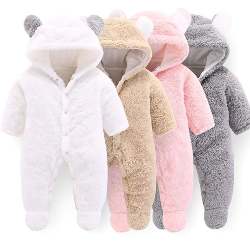 Neugeborene Baby Cartoon Bär Schneeanzug Wintermantel Fleece Kapuze Strampler Jumpsuit Weiss 0-3 Mon