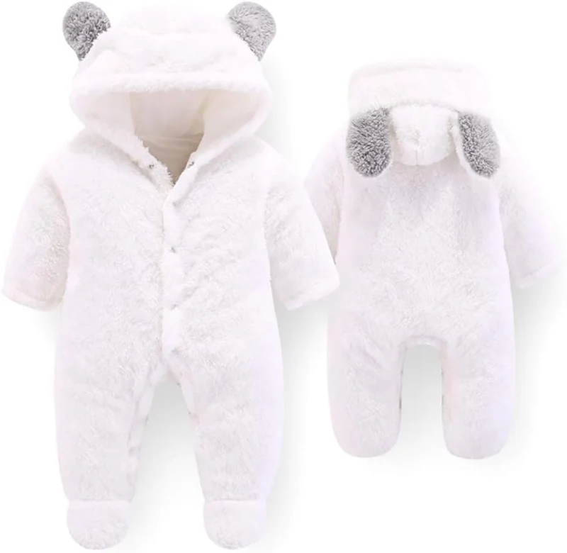 Neugeborene Baby Cartoon Bär Schneeanzug Wintermantel Fleece Kapuze Strampler Jumpsuit Weiss 0-3 Mon
